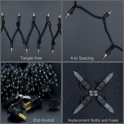 YULETIME Clear Christmas Lights with Black Wire, 66 Feet 200 Count UL String Lights, Pack of 2 Sets 33 Ft 100 Count Incandescent Mini Light Set (Clear)