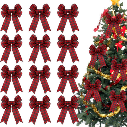 12 Pack Christmas Wreath Bow Buffalo Plaid Bows, Red and Black Christmas Tree Bows Xmas Bows Decoration for Indoor and Outdoor, (8 x 10 Inches)
