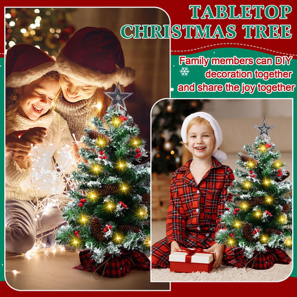 2 Pcs 2FT Mini Christmas Trees with Lights Artificial Christmas Trees Tabletop with Berries Pine Cones Hanging Ornaments Red Lattice Cloth Base Holiday Party Xmas Decorations, Sliver