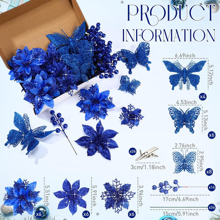 122 Pcs Christmas Glitter Poinsettia Artificial Flowers Berry Picks Butterfly Christmas Tree Ornaments 3 Styles Poinsettia kit with Clip for Xmas Wreath Home Tree Decor(Royal Blue)