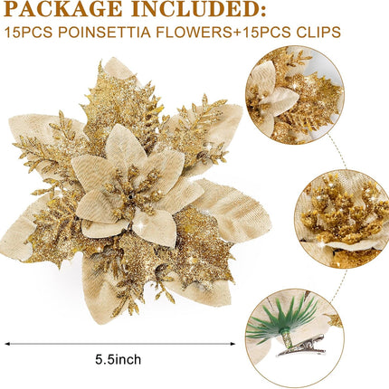 DEEMEI Christmas Poinsettia Artificial Flowers Christmas Tree Wreaths Garland Decoration 15 Pcs 5.5" Glitter Flowers Picks Decor for Xmas Year Wedding Party Ornaments Gold
