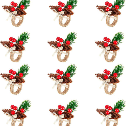 12 Pieces Christmas Napkin Rings - Thanksgiving Napkin Holders Set of 12 Rustic Wreath Napkin Rings for Xmas