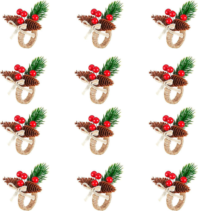 12 Pieces Christmas Napkin Rings - Thanksgiving Napkin Holders Set of 12 Rustic Wreath Napkin Rings for Xmas