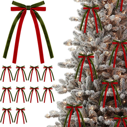 10Pcs Christmas Bows Decorations,5.9x4'' Two Tone Velvet Bow Christmas Wreath Bow for Christmas Tree Wreath Garland Wrapping Wedding Party Décor (Red Olive Green)