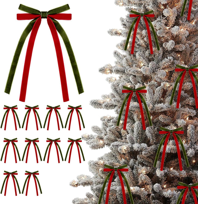 10Pcs Christmas Bows Decorations,5.9x4'' Two Tone Velvet Bow Christmas Wreath Bow for Christmas Tree Wreath Garland Wrapping Wedding Party Décor (Red Olive Green)