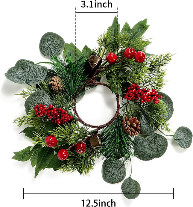 Set of 2 Artificial Christmas Candle Rings with Eucalyptus Berry Pine Branch Pine Cones and Vintage Bells Mini Wreaths for Christmas Centerpiece Cabinet Front Door Window Seasonal Decoration (2, Red)