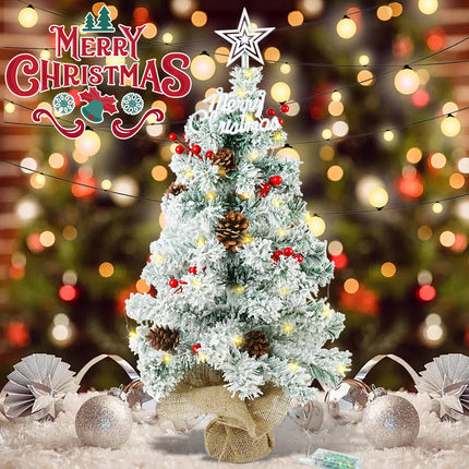 24 Inch/2 FT Mini Christmas Tree Blind Box, Small Tabletop Flocked Tree with LED Lights, Pine Cones, Star Tree Topper, Snow Flocked Artificial Pine Xmas Tree,Mini Box and Cloth Bag Base