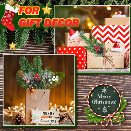 60 Pcs Christmas Artificial Green Pine Needles, Christmas Floral Picks Artificial Holly Red Berry Twig Stem Pine Snowy Cone Branches Garland Bulk for Xmas Tree Craft Holiday Winter (Elegant Style)