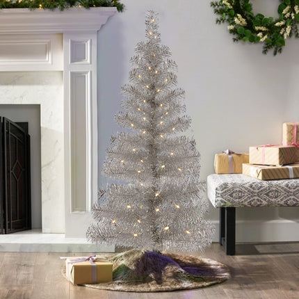 Juegoal 4 FT Pre-lit Artificial Christmas Tree, Lighted Silver Tinsel Pencil Pine Spruce Trees with 70 Warm White LED Lights, 8 Lighting Mode & Timer for Xmas Holiday Winter Home Party Decor