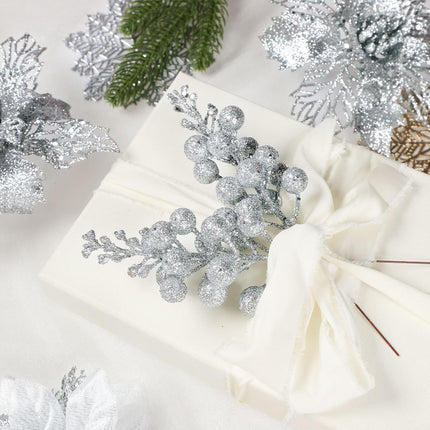 Homcomoda Christmas Poinsettia Artificial Flowers with Glitter Berries Stems 22PCS Christmas Flowers with Clips and Stems Christmas Tree Ornament for Xmas Holiday Year Wedding Decor