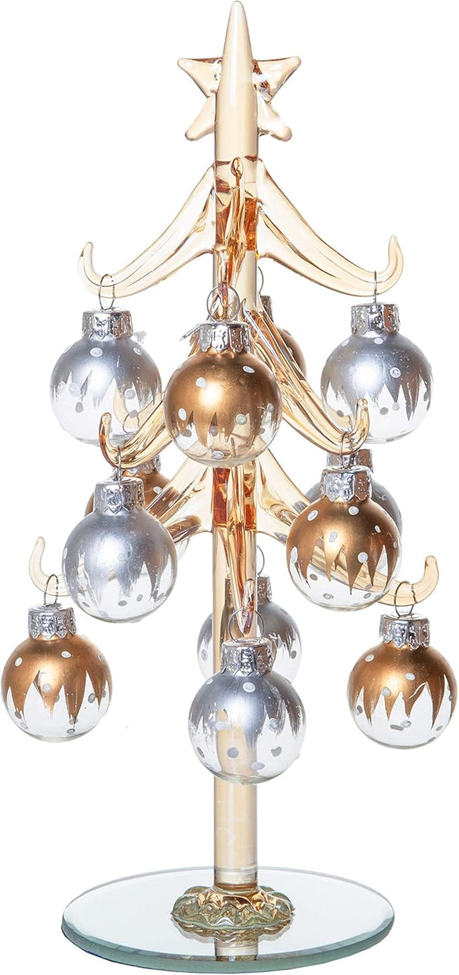 Red Co. 8" Small Glass Tabletop Christmas Tree with Removable Ball Ornaments, Silver & Gold Champagne, Holiday Season Décor