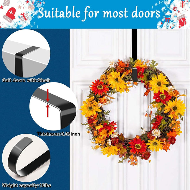 4 Pack Wreath Hangers for Front Door, Over The Door Wreath Hanger Halloween Decorations Wreath Hook for Hanging Christmas Easter Fall Decoration, Welcome Sign Holder Two Each of 12" and 15" (Black)