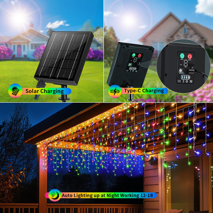 Solar Christmas Lights Outdoor Waterproof, 50+16Ft 506 LED Icicle Lights for Outside with 101 Drops Connectable Rechargeable Dimmable 8 Modes Fairy Lights for Xmas Outdoor House Roof Eaves