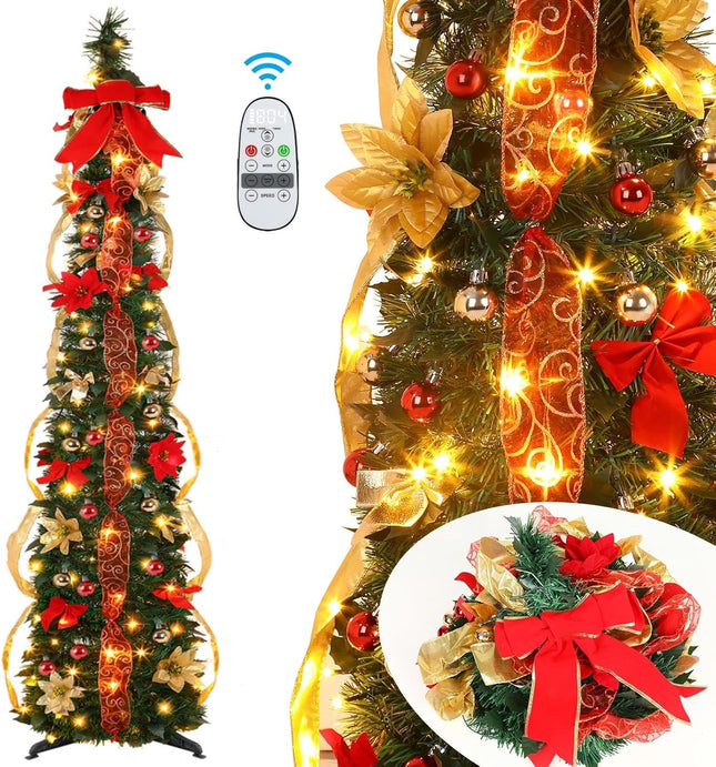 6ft Pop Up Prelit Pencil Artificial Christmas Tree with Remote Control, Pre-Decorated Red&Gold Decorations, Pre-Lit White & Multi-Color Lights, Perfect Choice for Xmas Decoration, 6 FT