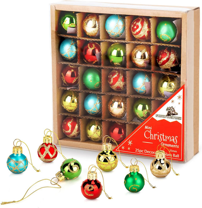 1 Inch Mini Vintage Multi Color Glass Ball Christmas Ornaments Set of 25 Balls Miniature Christmas Tree Ornaments Rustic Christmas Decorations Mini Christmas Tree Decorations for Small Trees