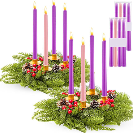 Maxcheck 2 Set 12 Inch Gold Christmas Advent Wreath Candle Holder with 8 Taper Candles Designed with Branch Berry Pinecone Suitable for Christmas Advent Church Home Decoration Table Centerpiece Decor
