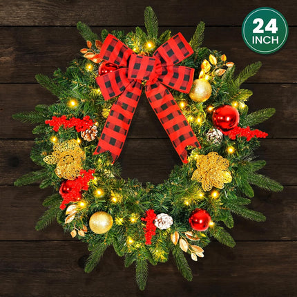 24inch Extra Large Pre-lit Christmas Wreath 8 Modes Lighting Artificial Deluxe Lighted Christmas Wreath Decorations Ornament with LED Lights Door Window Fireplace Decor Timer Function (24 INCH)
