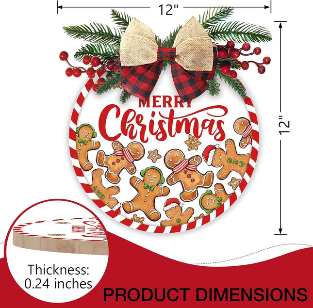 Deroro Merry Christmas Gingerbread Man Front Door Sign, Xmas Holiday Wood Door Hanger Outdoor Outside Porch Decor, Rustic Wooden Wreath with Plaid Bow Red Berry Indoor Wall Hanging Decoration