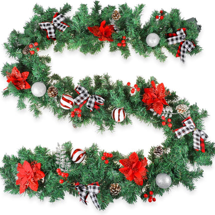 Christmas Garland with Lights,Pre-lit 9ft Christmas Decorations with 50 LED Lights,with Waterproof Battery Box,Indoor&Outdoor Use,for Stairs Fireplace Front Door Porch Home (Battery NOT Include)