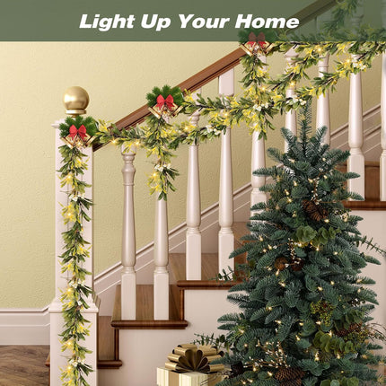 Ethlomoer 6.6FT Pre-lit Christmas Garland with 20 LED Lights, Battery Operated, Flocked Olive Lighted Garland with Snowflakes for Mantle Stairs Wall, Indoor&Outdoor, Greenery Garland for Christmas Dec