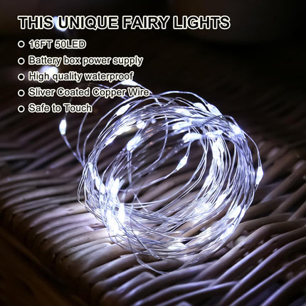 White Fairy Lights Battery Operated (Included), 8 Modes & Auto Timer, 16FT 50Led Mini Twinkle Silver Wire Firefly Starry Lights, Waterproof Battery Operated Lights for Mason Jars Bedroom
