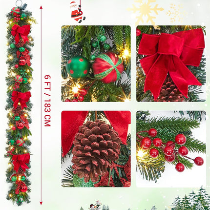 6ft Christmas Garland with Lights, Prelit Outdoor Christmas Garland with 20 LED Lights Red Green Ball Ornaments Pinecones and Ribbon Bow for Indooor Mantle Fireplace Staircase Decorations