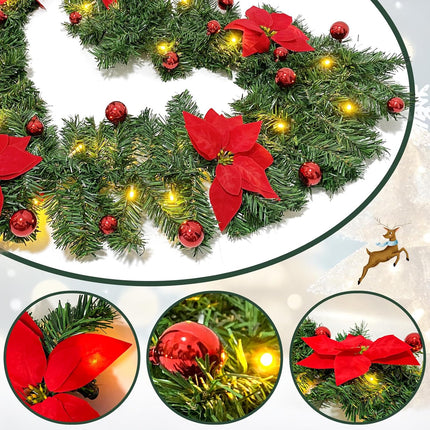9ft Pre-lit Christmas Garland with Lights,Christmas Garlands for Stairs Railing,Pine Garland with Red Bows and Flowers,Christmas Decoration,Fireplace