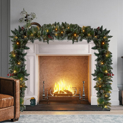 9 Ft Christmas Garland with Lights - Realistic Snow Prelit Christmas Garland with Pine Cones Red Berries Xmas Garland with Timer for Fireplace Railing Door Christmas Decor (Battery NOT Included)
