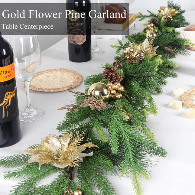 Norfolk Pine Garlands with Gold Flowers, 6Ft Artificial Christmas Pine Garland, Real Touch Greenery Garland for Table, Mantle, Staires, Premium Indoor/Outdoor Christmas Decorations.
