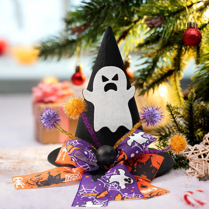 Zainpe Christmas Tree Topper Hat Ghost Pattern Black Felt Wizard Hat with Purple Orange Bow Adjustable Glitter Pom-poms Xmas Holiday Decoration Party Supplies for Indoor Outdoor Home