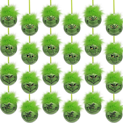 Green Christmas Decorations Indoor: 24pcs Cute Christmas Thief Tree Ornaments with Fluffy Green Hair, Funny Hanging Xmas Balls for Tree Mantel, Kids Home School Office Party Décor