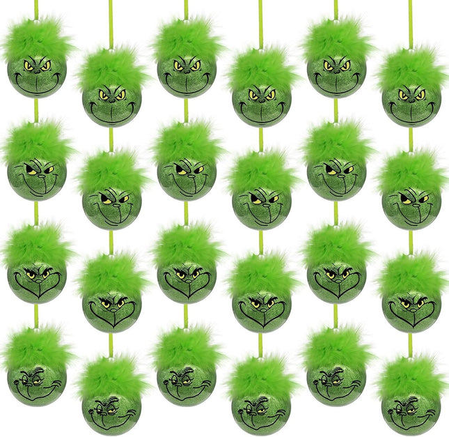 Green Christmas Decorations Indoor: 24pcs Cute Christmas Thief Tree Ornaments with Fluffy Green Hair, Funny Hanging Xmas Balls for Tree Mantel, Kids Home School Office Party Décor