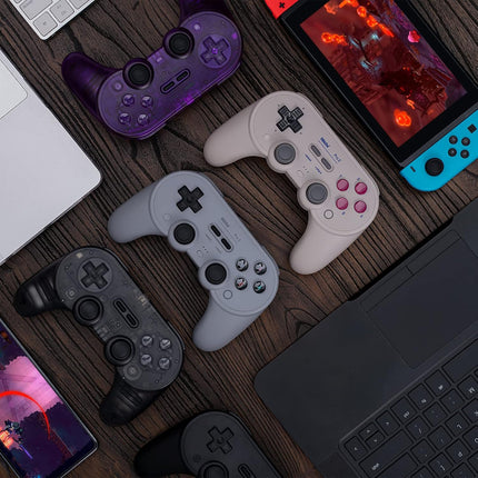 AKNES 8BitDo Pro 2 Bluetooth Wireless Controller for Switch/Switch OLED with 2pcs Silicone Joycon Thumb Grip Caps,Gamepads for Steam Deck,MacOS,iOS,PC,Android & Raspberry Pi(Clear/Transparent Black)