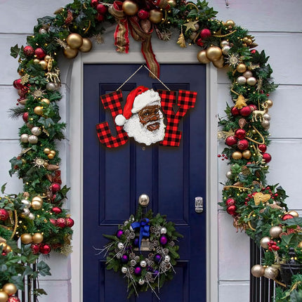 Black Santa African American Christmas Decorations Joy Letter Sign Red Buffalo Plaid Wood Joy Wall Hanging Xmas Wooden Letter Ornaments for Holiday Indoor Outdoor Home Decoration