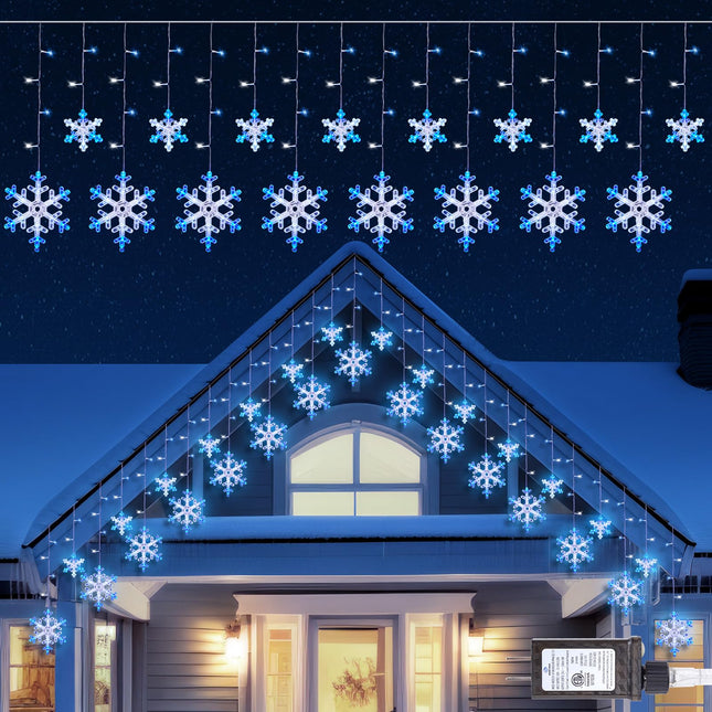 Minetom Christmas Snowflake Lights - 13ft 192LED Snowflake Icicle Lights with 16 Drops, 8 Modes and Timer, IP65 Waterproof Connectable Christmas Lights for House Eave Window Indoor Outdoor Decoration