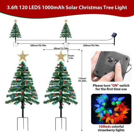 Ninonly Solar Christmas Tree Light 2 Pack,3.6FT 1000mAh Solar Powered Christmas Garden Light 8 Modes Waterproof C6 Strawberry 100Leds Solar Yard Stake Pathway Lights for Christmas Outdoor Decoration