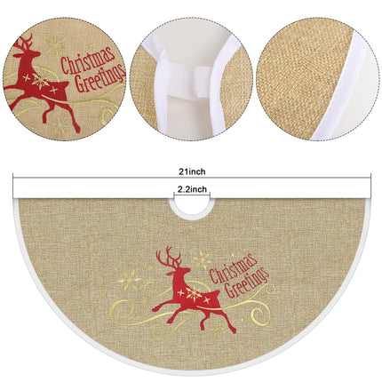 yuboo Mini Christmas Tree Skirt Burlap, 21 inches Small Tree Skirt Mat with Deer Christmas Decor and Snowflakes for Rustic Farmhouse Christmas Decorations