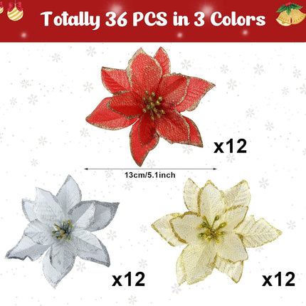Waydress 36 Pieces Poinsettia Artificial Christmas Flowers for Christmas Tree Glitter Poinsettia Wedding Flowers with Clips for Christmas Wreath Decorations Party Floral Supplies