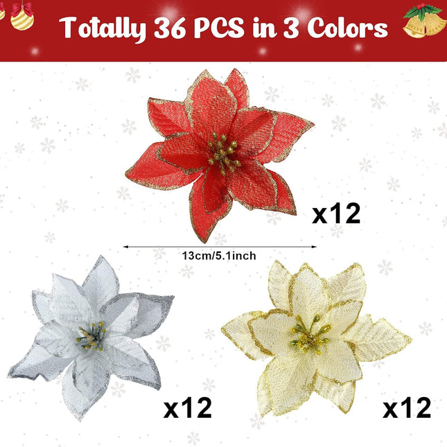 Waydress 36 Pieces Poinsettia Artificial Christmas Flowers for Christmas Tree Glitter Poinsettia Wedding Flowers with Clips for Christmas Wreath Decorations Party Floral Supplies