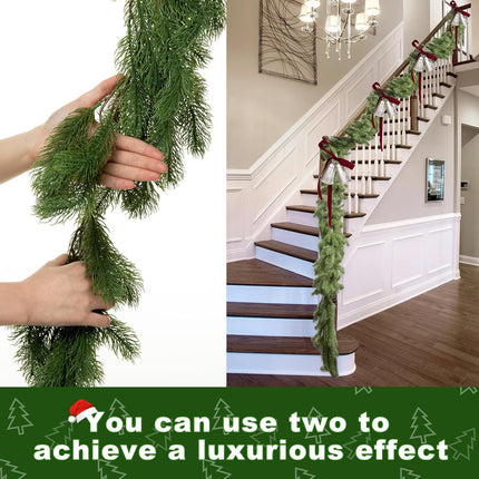 Artificial Christmas Norfolk Pine Garland, 6.5FT/2pcs Single Round Real Touch Pine Garland Faux Cedar Garland Greenery Winter Pine Garland for Mantle Table Fireplace Wall Xmas Decor