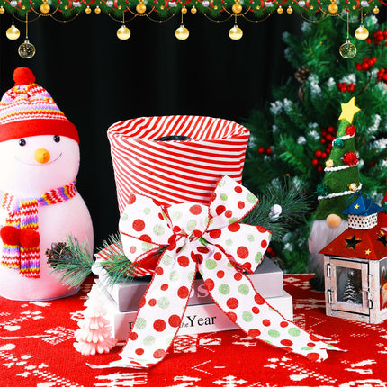 Christmas Tree Topper Hat Lighted with Snowflake Projector, White Bow with Red and Green Extended Ribbon Top Hat for Xmas Tree Decoration Festive Ideas Supplies