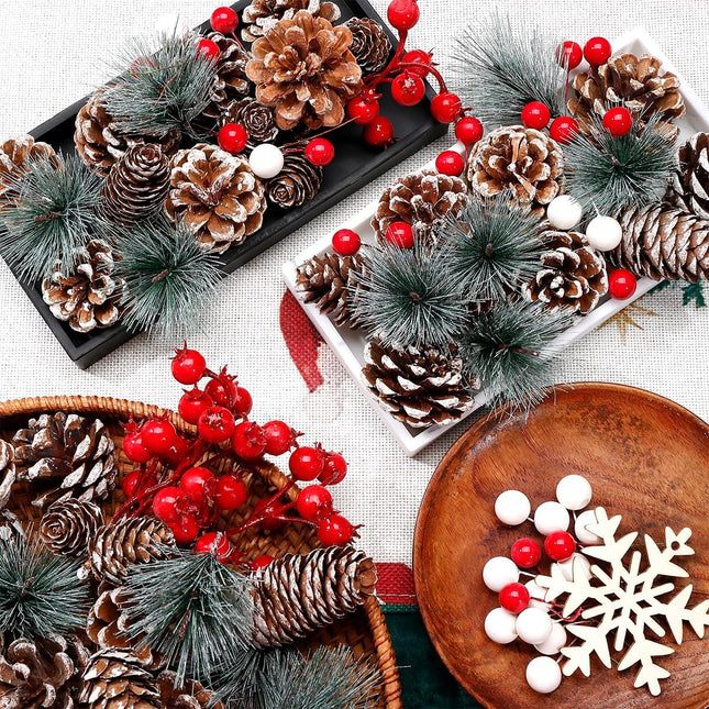 108 Pcs Christmas Ornaments Pine Cones Berry Pine Branch Set Xmas Decorations for Home, Pinecones for Crafts Vase Filler Wreath Christmas Table Decor