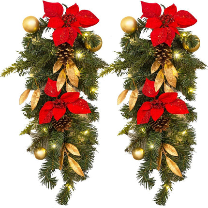Barton 2X 28 Christmas Teardrop Swag Wreath Pinecones Pre-Lit LED Garland Battery-Powered Front Door Window Winter Holiday Artificial