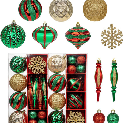 Hollyone Christmas Balls Ornaments Set, 50pcs Glitter Red Green and Gold Shatterproof Christmas Ball Snowflakes Tree Ornaments Hanging Ball Decoration for Xmas Tree Wreath Garland Wedding Home Decor