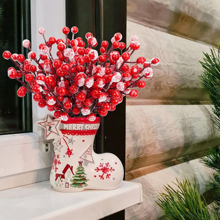 24 PCS Artificial Holly Berry Stems, 21cm Frosted Red Beery Stems Picks for Christmas Tree DIY Supplies Flower Wreath Craft Xmas Garland Home Table Centerpiece Decoration