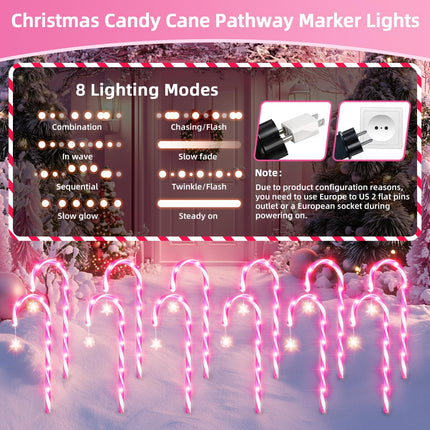 12 Pack Pink Christmas Candy Cane Lights: 21 inch 8 Lighting Modes Lawn Stakes Pathway Light Outdoor - 28 inch Extra Large Pitch, Waterproof for Walkway Markers Yard Xmas Decorations (Pink & White)