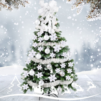 49 Pcs Christmas Tree Decoration Set Include Christmas Tree Topper, 24 Pcs Glitter Christmas Flowers 3 Sizes, 24 Pcs 2.36 Inch Christmas Ball Ornaments for Tree Holiday Party Decorations (White)