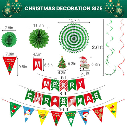 27Pcs Christmas Decorations Kit, Merry Christmas Banner, Paper Fan Flower, Hanging Garland Triangle Bunting, Xmas Tree Elk Snowman Swirl Streamers for Christmas Decor Party Supplies