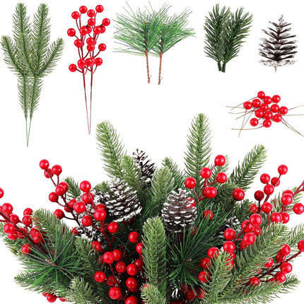 150PCS Artificial Pine Cones Branch Set, Kalolary Assorted Artificial Pine Needles Branches Snowy Christmas Tree Floral Twig Picks Christmas Red Holly Berry Stems for Xmas Winter Party DIY Craft Decor