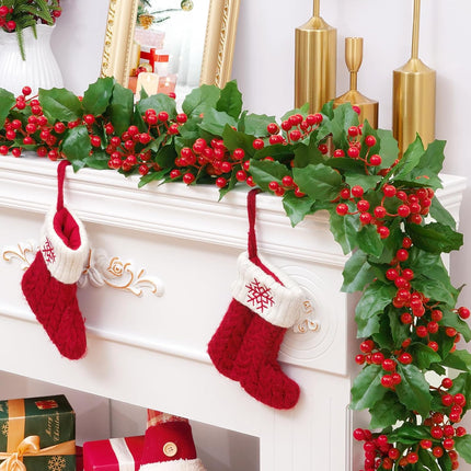 Christmas Garland, Red Berry Garland, Green Garland Christmas Decorations Indoor, Christmas Tree Garland for Mantle Holly Outdoor Home Table Year Decor